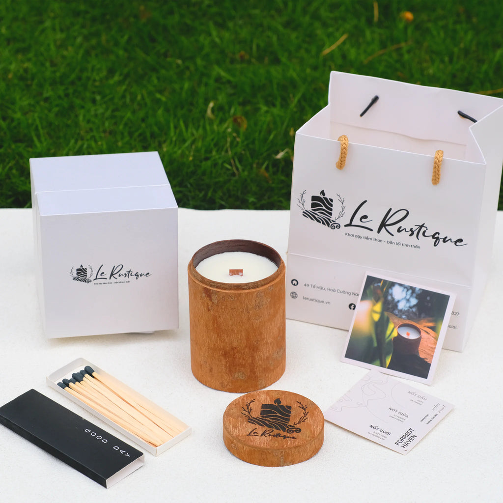 Le Rustique Special Scented Candle Gift Set featuring elegant packaging, therapeutic soy wax candle, and matches.