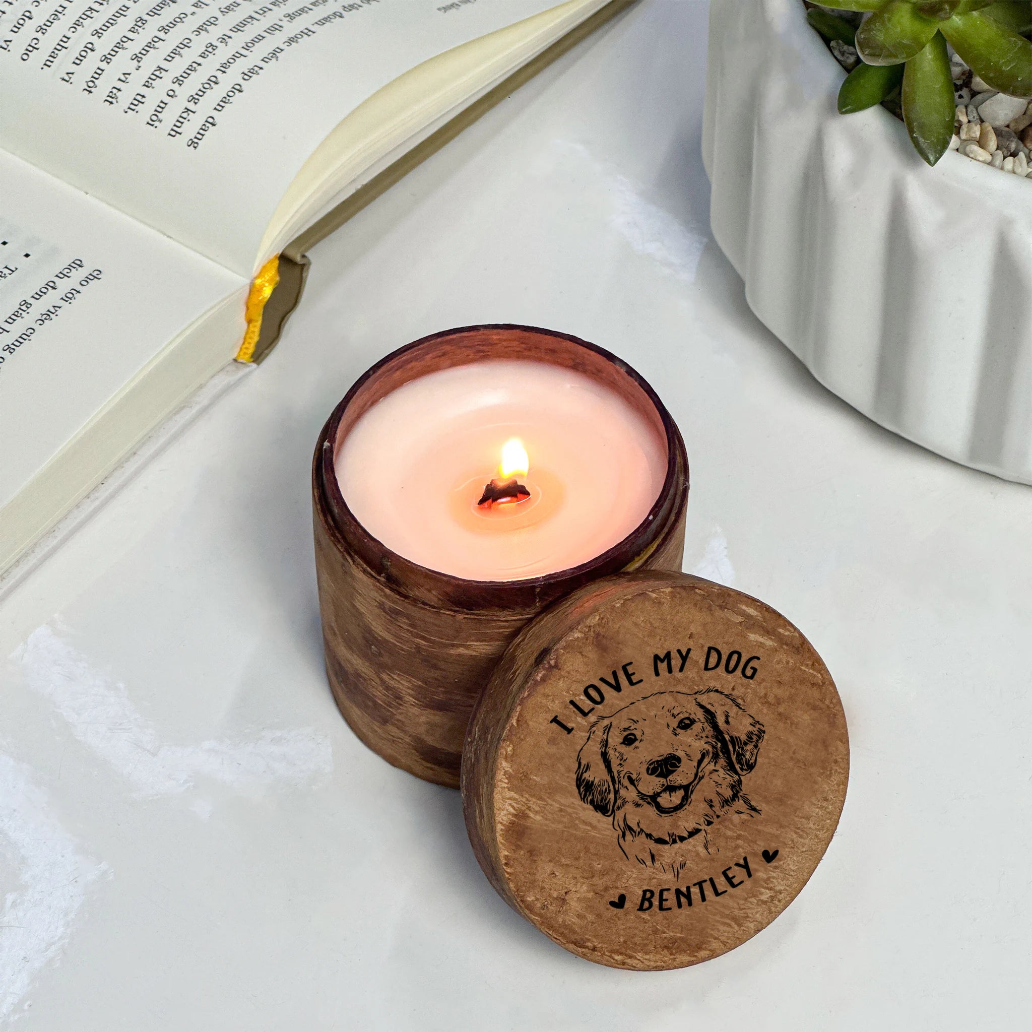 Personalized candle for pet with custom text 'I love my dog' and pet's name